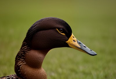 duck, waterfowl, animal, wild, nature, portrait, profile, head, neck, beak, eye, feathers, iridescent, colorful, green, yellow, blurry background, outdoors, bird, detail, curious