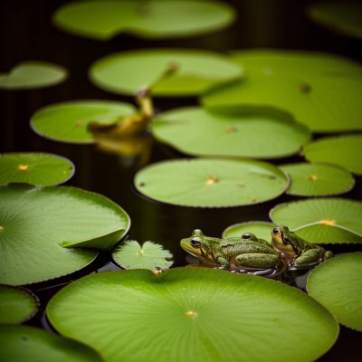 frogs, nature, lily pads, wildlife, funny, natural habitat, aquatic, pair, top, water animal, green, frog, water surface, pond life, details, macro, water, wilderness, amphibian