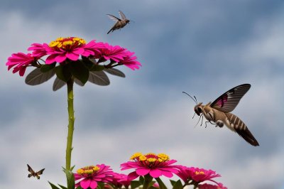 moth, hummingbird hawk-moth, zinnia, wings, nature, garden, macro, flying, pollination, animal, detail, light blue, flower, line, antenna, body, focus, movement, insect, sky
