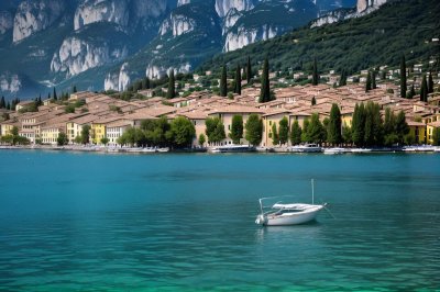 lake garda, salò, boat, water, mountains, town, nature, summer, tourism, postcard, historic, culture, italian, excursion, architecture, coast, navigation, resort, travel, panorama, trees