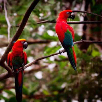 parrot, flying, red, exotic, nature, forest, bird, treetops, jungle, wild, green, wings, motion, shot, fauna, freedom, trees, colorful, flyby, active, pair