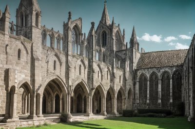 church, architecture, cloister, decoration, history, grass, medieval, windows, stone, building, arch, historic, landscape, galicia, ancient, presence, art, renaissance, tourism, visual arts