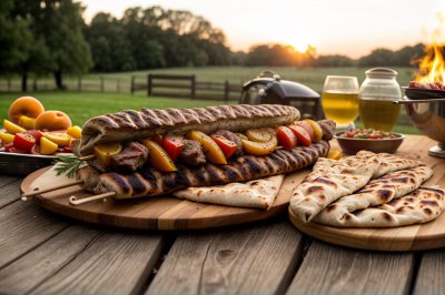 grilling, kebab, apricot, meat, flatbread, summer, picnic, sunset, nature, mountain, outdoor, traditional, honey, holiday, celebration, juicy, dinner, sociable, rustic, culture, feast