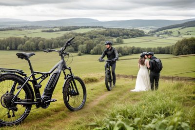 e-bike, couple, countryside, nature, relaxation, landscape, summer, grass, active, leisure, travel, cycling, bike tour, hill, seniors, lifestyle, idyllic, happiness, well-being, bicycle