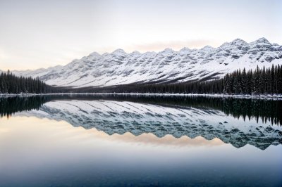 mountains, lake, reflection, winter, snow, trees, forest, nature, clear, sky, scenery, dawn, calm, morning, clouds, fresh, silence, panorama, mountains and lake, sunrise