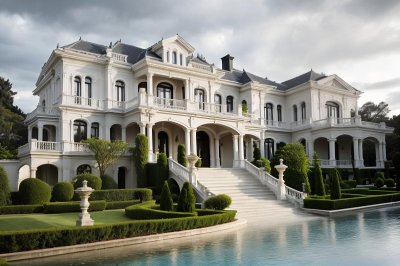 luxury villa, architecture, mansion, suburban, garden, provence style, nature, front yard, large windows, stairs, green, clear sky, elegance, affluent, luxury property, symmetry, splendor, living space, contemporary, two-story, balcony