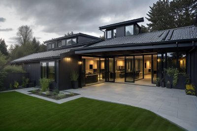 modern house, glass walls, architecture, outdoor, garden, wood, patio, luxurious, nature, residential, eco-friendly, open space, in the woods, lawn, multi-level, nature view, daylight, two-story, panoramic windows, privacy