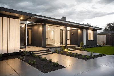 modern bungalow, accessible housing, single-story house, architectural design, eco-friendly architecture, landscaped garden, outdoor patio, sustainable building, home entrance, luxury property, sunny day, modern house architecture, universal design, high angle view, copy space, angled view, garden design, ai in architecture, earth brick usage