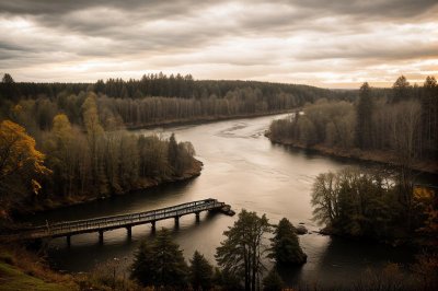 nature, landscape, forest, river, tree, bridge, path, sunrise, autumn, lake, peaceful, natural, scenery, park, dawn, water, road, recreational, autumn colors