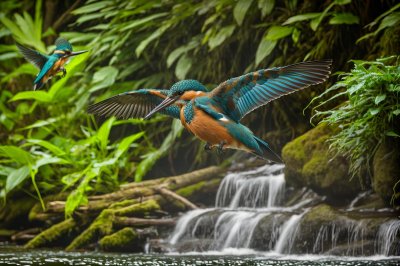 kingfisher, waterfall, hunting, fish, wings, nature, catch, flight, droplets, swamp, wings over water, ecosystem, speed, action shot, wildness, environment, movement, wingspan, natural sounds, wilderness