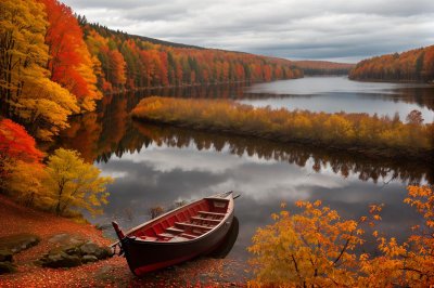 autumn, forest, lake, boat, red, autumn foliage, rowboat, nature, landscape, reflection, grass, tranquility, calm water, shore, mirror, peaceful, clear sky, relax, natural scenery