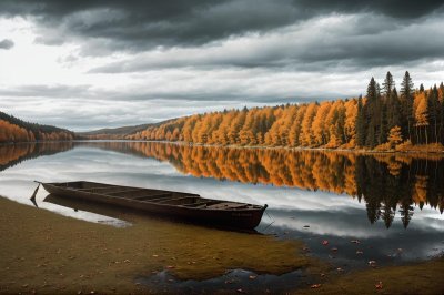 autumn, landscape, nature, forest, lake, boat, reflection, wilderness, grass, trees, peace, autumn colors, relaxation, calm, natural beauty, countryside, panorama, clear sky, sustainability, ecology