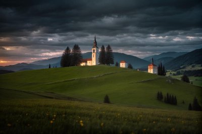 church, slovenia, landscape, sunset, evening, nature, hilly, path, trees, countryside, glowing, hill, scenery, solitary, blue sky, evening light, silhouette, hiking, peaceful, calm