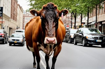 cow, street scene, animal, brown color, parking, vehicles, blurry background, domestic animal, local fauna, rural area, nature, natural habitat, vertical frame, countryside, environment, backbone, simple life, farm animals, cow horns, cattle, rural life