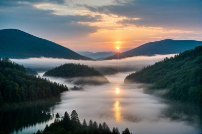 river, sunset, mountains, mist, forest, nature, panorama, dawn, soothing, calm, serenity, scenic, peace, water surface, reflection, sky, light, west, clouds, natural beauty, quiet
