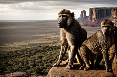 baboon, dramatic, aggressive, savannah, cliff, canine, gelada, african, landscape, monkey, sunset, menacing, rocks, pose, wilderness, peak, troop, dominant, nature, large fangs, wild