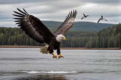 eagle, bald eagle, talons, river, flight, hunter, sky, wingspan, feathers, fishing, capture, nature, canada, wilderness, mountains, bird of prey, snow, prey, animal, wild