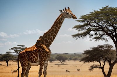 giraffe, acacia, tree, height, neck, tongue, leaves, savannah, africa, safari, spots, feeding, blue sky, herbivore, wildlife, nature, thorns, extension, strip, grasslands, food