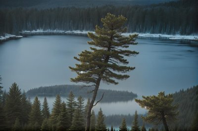 tree, pine, pinecone, conifer, nature, lake, forest, pine needles, green, peace, landscape, natural, calm, blue, sun, calm water, reflection, silence