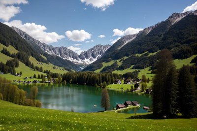 oberstdorf, freibergsee, spring, mountains, alps, allgäu, landscape, alpine mountains, light, nature, lake, allgäu alps, hiking, vacation, lake freiberg, ski jump, grass, blue sky, lush, wooden cabin
