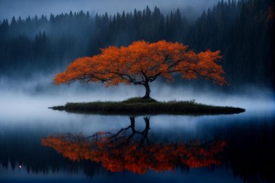 tree, mist, lake, nature, reflection, autumn, island, forest, tranquility, colors, calm, isolation, morning, calm water, center, mirror, peaceful, solitary, foggy, serene