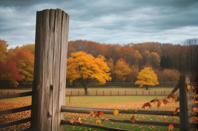 autumn, leaves, nature, fall, fence, trees, landscape, park, outdoor, fence post, yellow leaf, countryside, area, blue sky, wire fence, autumn leaf, chicken wire, edge, beautiful view, autumn season, roadside fence