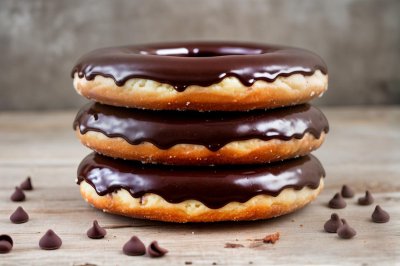 donut, chocolate, sweet, glaze, treat, baked, delicious, dessert, snack, confectionery, bakery, fresh, tasty, sweets, three layers, wood background, food photography, quick bite, favorite, pastry