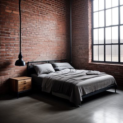 bedroom, industrial, brick wall, modern, furniture, decor, loft, minimalist, cozy, home, design, shelving, window, carpet, bedding, cushions, windowsill, light, green plants, painting