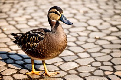 duck, cobblestone street, park, mallard, nature, waterfowl, feather, animal, ornithology, close-up, beak, image, stone, ground, wildlife, curious, plumage, sun, shadow, display, tracking