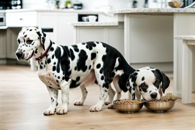 dalmatian, dog, feeding, food bowl, interior, floor, black and white, plants, animal, pets, dog supplies, pet feeding, nature, dog food, animal health, slim dog, calm dog, canine diet, green background, healthy eating, puppy, pet, pets indoors
