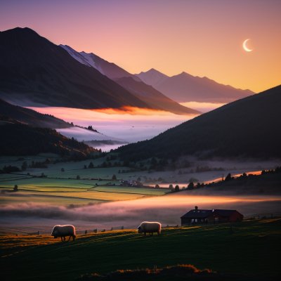 sunset, sheep, mountain, town, pasture, mist, mountains, morning, nature, pastoral, sky, village, flock, morning time, landscape, alps, western, foggy, silence — Смешной рисунок