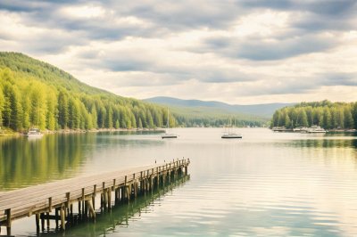 watercolor, landscape, lake, pier, sailboat, summertime, sun, water, peaceful, art, afternoon, tourism, sky, rowing boat, reflection, sunset, relaxation, nature, tree