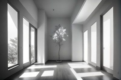 minimalism, architecture, tree, window, interior, bright, design, modern, clean, lighting, perspective, view, gardening, asymmetry, nature, plant, gallery, decoration, formal, empty, shadow