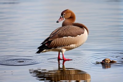 egyptian goose, lake reflection, standing bird, reddish-brown plumage, water bird, wild, natural environment, calm water, reflection, shore, standing in water, bird on shore, goose, bird behavior, feathers, skin, daylight, ecology, animals in the wild