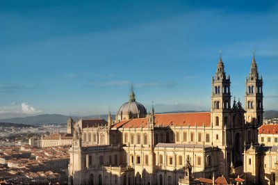 panorama, santiago de compostela, cathedral, architecture, camino de santiago, pilgrims, sky, blue, religion, europe, history, unesco, monument, fortress, historic building, tower, gothic, heritage, christian, trekking