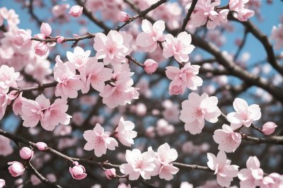 blossoms, spring, nature, white flowers, branches, pink buds, japanese culture, mountains, blue sky, outdoors, plum tree, floral scenery, ornamental, natural beauty, blooming, peaceful, garden, romantic, picturesque