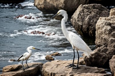 snowy egret, bird, wildlife, nature, rocks, ornithology, white, water, shore, avian, yellow feet, wild bird, wings, buoyant, waves, natural habitat, birdwatching, shorebird, habitat, moisture