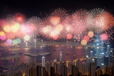 fireworks, hong kong, city, cityscape, skyline, night, asian, skyscraper, buildings, river, water, red fireworks, reflection, illuminated building, night sky, new year fireworks, celebration, tourist attraction, nature, party celebration, spectacular fireworks, urban night