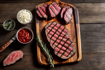 grilling, steak, grilled, meal, wooden board, rosemary, red pepper, pink salt, herbs, knife, fork, wood, spice, culinary, dining table, vintage, rustic, brown, meat