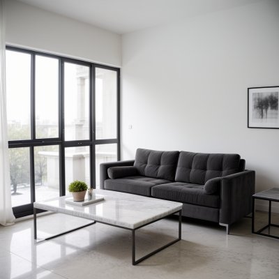 grey sectional sofa, marble square coffee table, black arc floor lamp, sliding glass balcony doors, modern living room, city skyline view, luxury home decor, minimalist lounge area, abstract wall painting, natural daylight interior