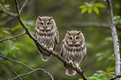 owls, nature, birds, eyes, branch, wilderness, camouflage, feathers, daylight, closeup, predator, grey, orange, green background, animals, natural habitat, hunting, beautiful, stubble
