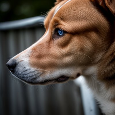 dog, blue eyes, profile, mossy fence, side view, staring gaze, furry, tortoiseshell, sidewalk, outdoor, park, pet, fluffy, tricolor, natural, puppy, walking, calm, domestic animal, passerby