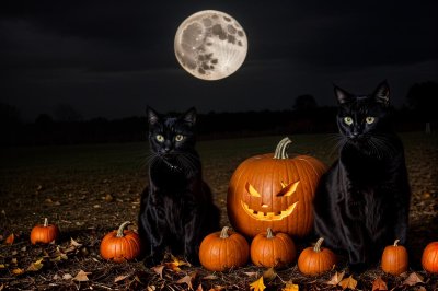 black cat, pumpkin with carved face, full moon, autumn leaves, halloween, autumn, landscape photography, spooky, traditional festivity, night, paranormal, dark forest, autumn evening, mysterious, magical, cloudy sky, scarecrow, rustling