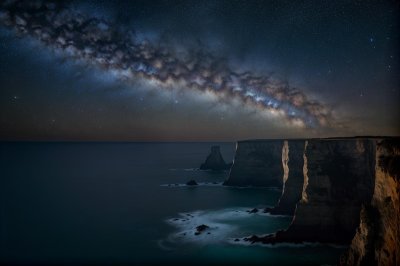 cliffs, ocean, night, milky way, stars, galaxy, rocks, astrophotography, nature, landscape, adventure, seascape, cosmos, stardust, horizon, darkness, shoreline, coast, blue
