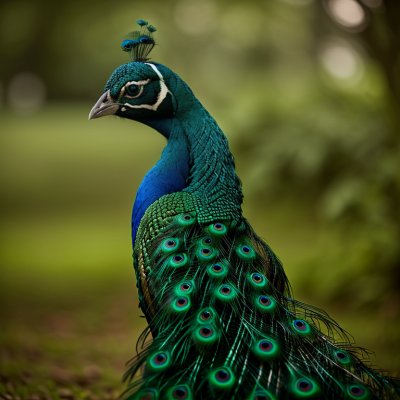 peacock, nature, green, majestic bird, back feathers, vivid colors, animal kingdom, wildlife, natural beauty, life in nature, blue color, tail feather, beauty in nature, bird, peacock perch, eye-catching feathers, bird beauty, open nature, long tail, ai generated