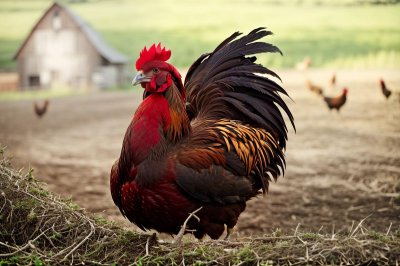rooster, chicken, bird, farm, nature, red, brown, feather, resting, colorful, photogenic, landscape, male, outdoor, comb, animal, spanish, elegant, peck