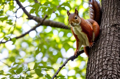 squirrel, red squirrel, rodent, animal, wildlife, fluffy tail, tree, climbing, upside down, trunk, bark, forest, autumn, cute, small mammal, nature, sharp image, green leaves, crystal clear, animal focus, cute mammal