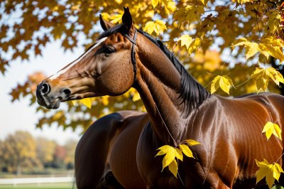 horse, arabian thoroughbred, autumn, yellow leaves, smooth coat, shiny fur, dark color, profile, nature, outdoors, agriculture, black horse, exterior, mane, beauty, elegance, farming, horse standing, countryside, pasture