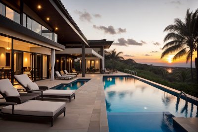 outdoor living area, swimming pool, sunset, luxury villa, neutral colors, modern architecture, outdoor terrace, villa with view, elegant design, natural surroundings, nature, open space, outdoor dining area, outdoor kitchen, relaxing retreat, contemporary style, comfortable seating, living space, summer outdoor activities, diverse landscape