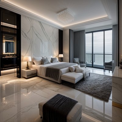 luxury interior, bedroom with sea view, marble wall, luxury chandelier, contemporary design, ambient lighting, open space, panoramic view, wooden floor, minimalist style, outdoor terrace, exclusive amenities, fully equipped wardrobe, comfort and elegance, gourmet experience, luxury decor, private residence, fireplace ambience — Демотиватор
